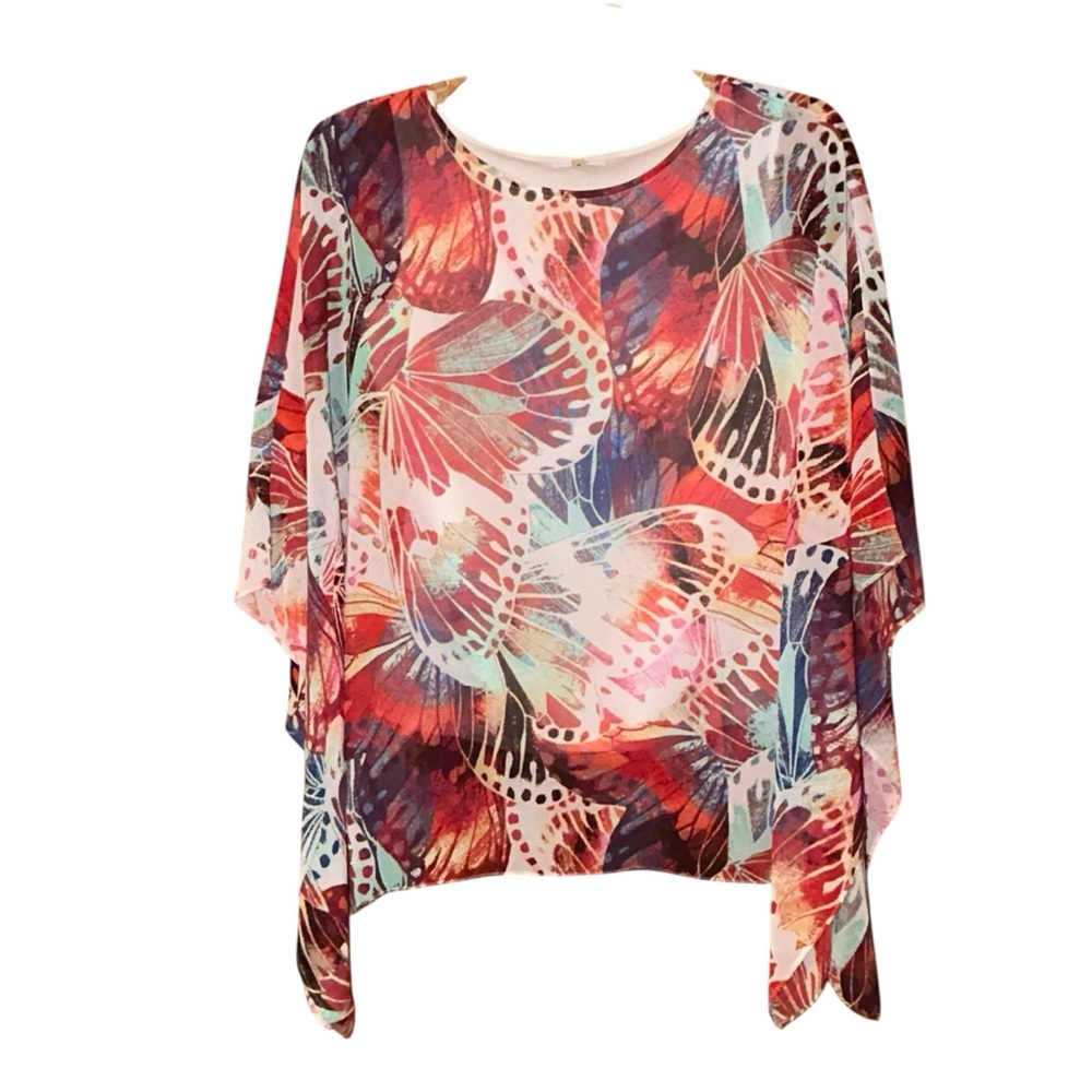 Milano Butterfly Print Blouse Small Multicolor Sheer Overlay Fairy Flowy